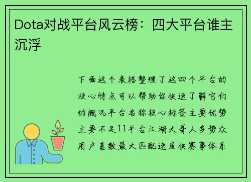 Dota对战平台风云榜：四大平台谁主沉浮 