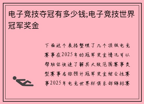 电子竞技夺冠有多少钱;电子竞技世界冠军奖金